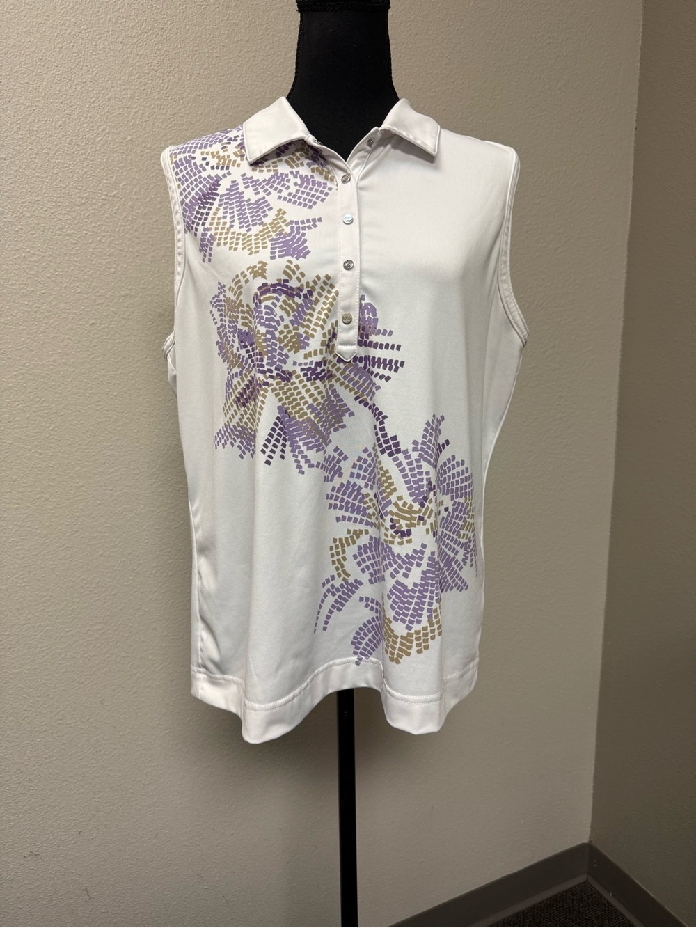 IZOD Golf Cool FX Sleeveless Polo XL White Purple Floral Performance Top - Picture 3 of 13